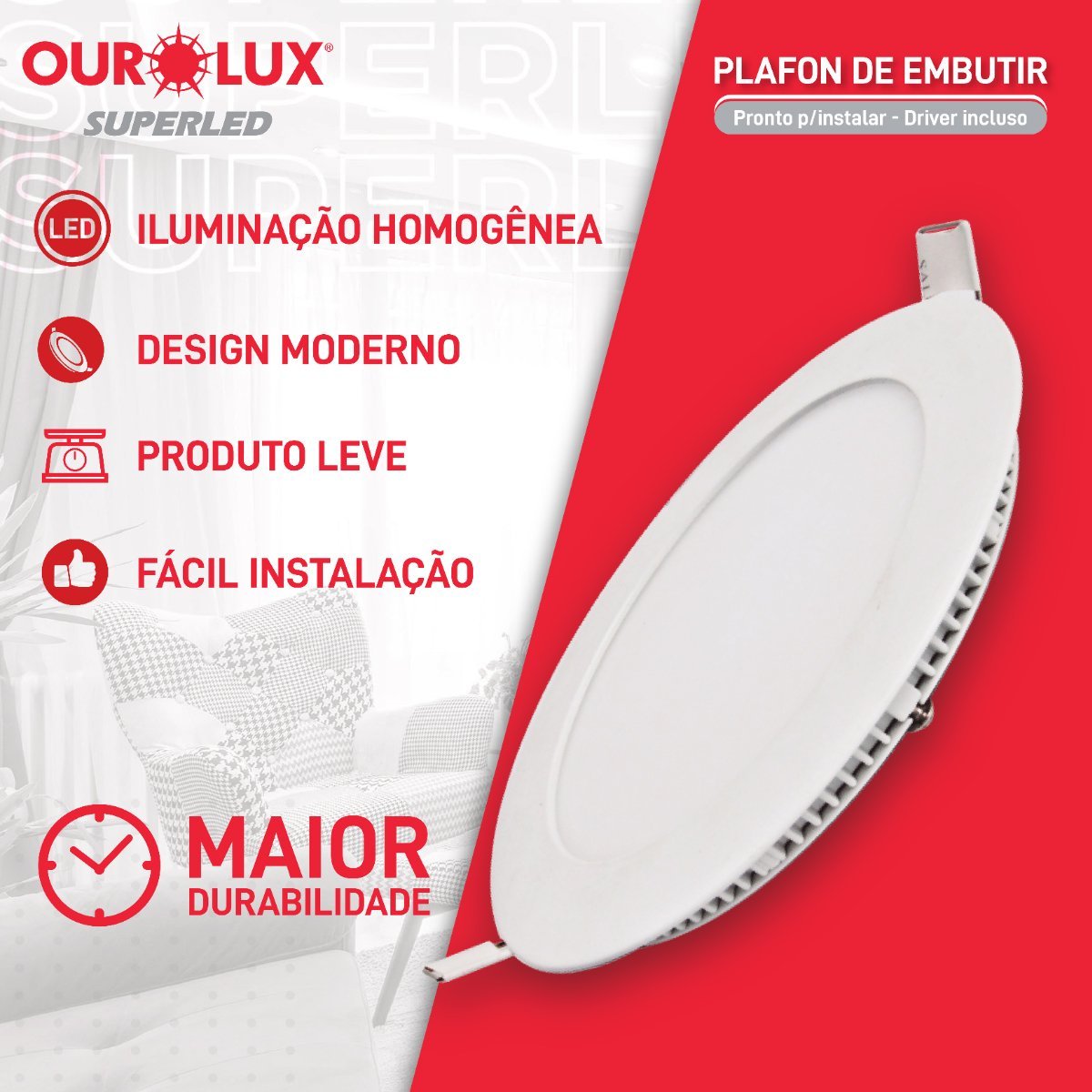 Luminária Plafon Led Embutir Redondo Branco 4000K Ourolux - 5