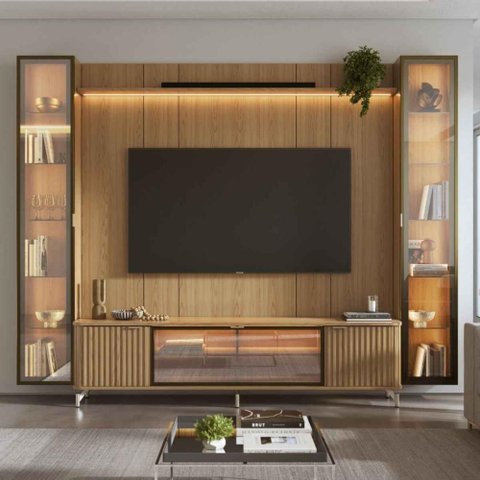 Estante para TV até 85 Polegadas com 2 Cristaleiras Vidro Reflecta 100% MDF com LED Lincoln Float