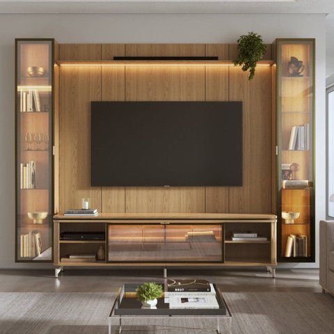 Estante para TV Home Theater 85" 100% MDF 291cm 2 Cristaleiras Vidro Reflecta LED Interno Carvalho
