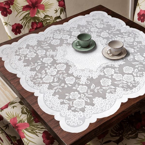 Toalha de mesa renda florida quadrada 1,10m x 1,10m Branca