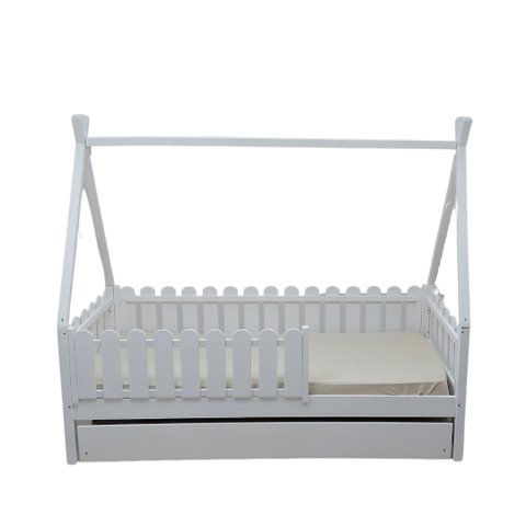 Bicama Solteirão Cabana Montessoriana Madeira Maciça Pinus - Branco - Grade Cercadinho Completa