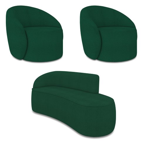 Sofá 3 Lugares Orgânico 180cm Morgan e 2 Poltronas Lua Bouclê Verde D03 - D’Rossi