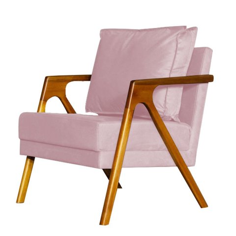 Poltrona Decorativa Mona Premium Madeira Maciça Linho Rosa