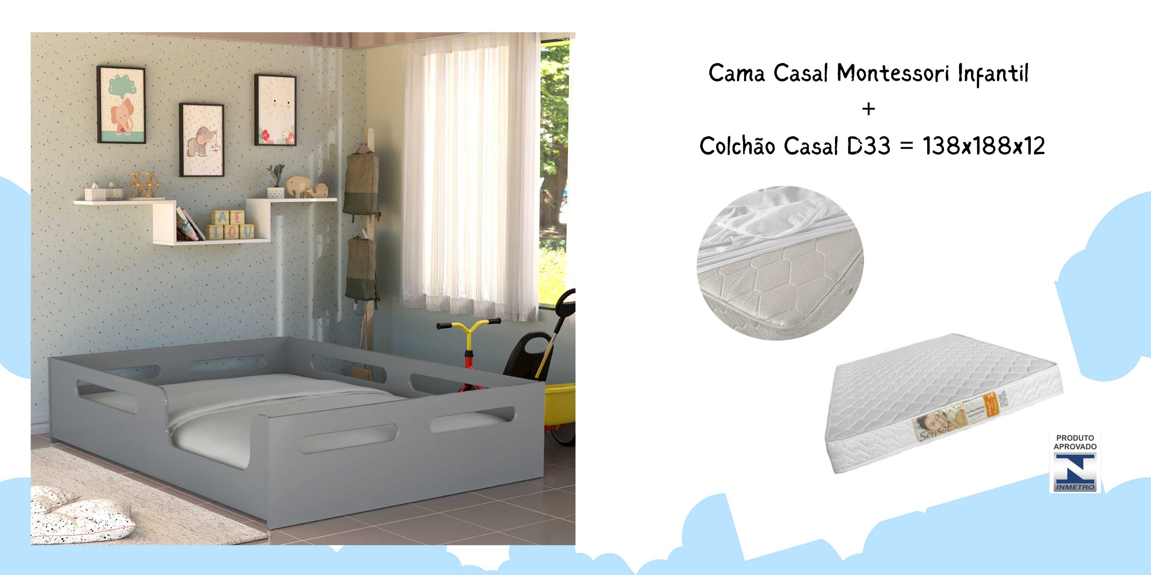 Cama Casal Infantil Montessori Potente Moveis Cinza com Colchão Casal D33 188x138x12