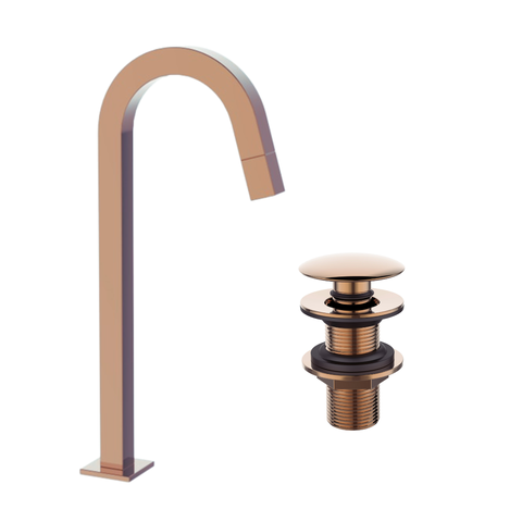 Kit Torneira de Mesa para Banheiro Bica Alta Quadrada e Válvula Click para Cuba 7/8 Rose-gold