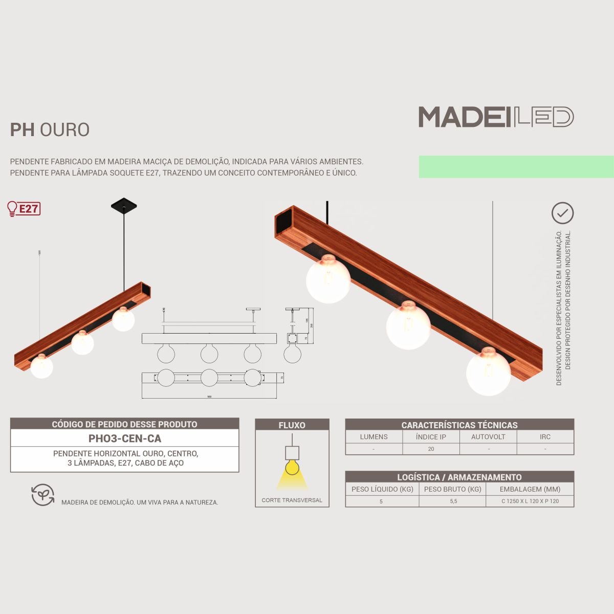 Pendente Horizontal Ouro 3 Roscas E27 Madeira Maciça - 5