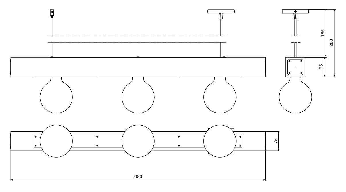 Pendente Horizontal Ouro 3 Roscas E27 Madeira Maciça - 6