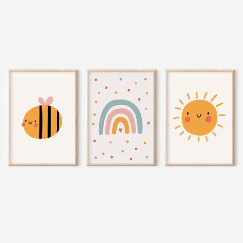 Kit 3 Quadros Decorativos Infantil no Ritmo da Natureza Quarto Bebê 30x40 Moldura Madeira
