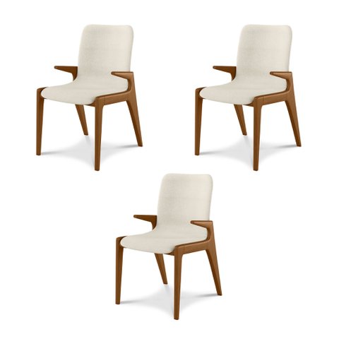 Kit 3 Cadeiras Decorativas Sala de Jantar Madeira Maciça com Braço Pigeon Linho Cinza/Ébano - Gran B
