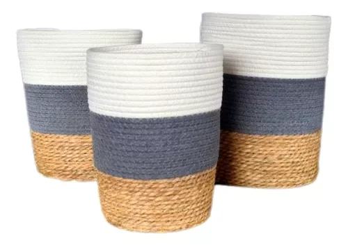 Jogo 3 Cestos Fibra Natural Organizador Planta Branco Cinza - 1