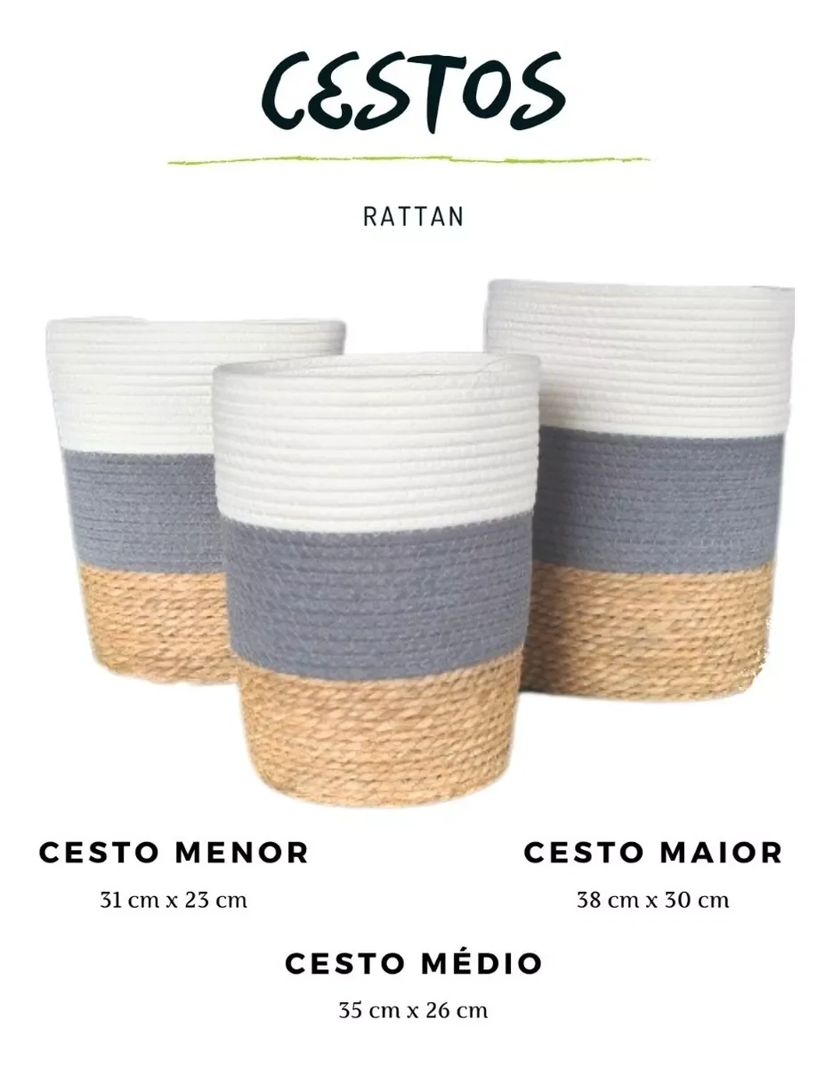 Ver imagem 4 de Jogo 3 Cestos Fibra Natural Organizador Planta Branco Cinza