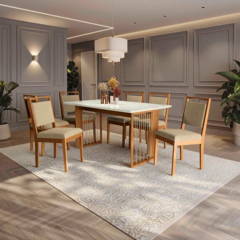 Conjunto Sala de Jantar Lina em Madeira Maciça 6 Cadeiras Boucle Bege