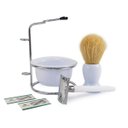 Ver imagem 1 de Kit Para Barbear Masculino Retro Vintage Lamina Metal Navalha Suporte Metal Saboneteira Pincel: Bran