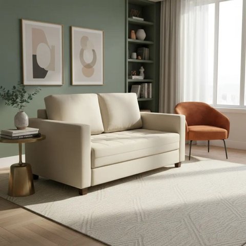 Sofá Cama Casal Marcelle 2 Lugares Veludo Bege Claro 150 cm
