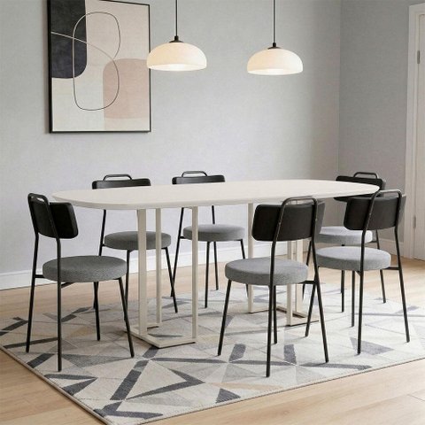 Mesa Retangular Alina 180cm Off White Champanhe com 6 Cadeiras Barcelona N01 Couríssimo Preto Linho