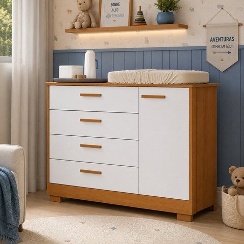 Cômoda Sapateira Zaki para Quarto de Bebê | 100% MDF 1 Porta e 4 Gavetas Branco Fosco/ Savana