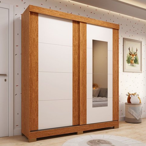 Guarda-Roupa Infantil 2 Portas de Correr com Espelho 100% MDF 160cm Fantelli Espresso Móveis Marrom/Cinamomo/Off White