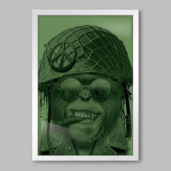 Quadro Animal Monkey Militar - 45x30cm - Moldura Caixa Branco - 1