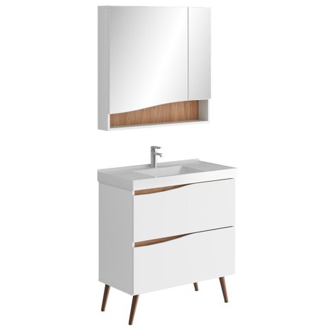 Conjunto Banheiro Gabinete com Pés Lavatório 80cm e Armário Evie B06 Branco Tau - Lyam Decor