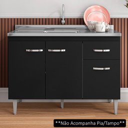 Balcão Gabinete Para Pia Sem Tampo 120cm 3 Portas e 1 Gaveta Gabriela Preto - AJL Móveis - 2 Balcão Gabinete Para Pia Sem Tampo 120cm 3 Portas e 1 Gaveta Gabriela Preto - AJL Móveis - 2