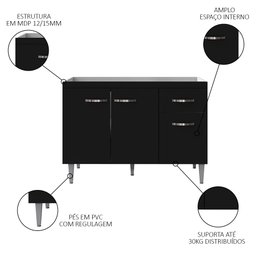 Balcão Gabinete Para Pia Sem Tampo 120cm 3 Portas e 1 Gaveta Gabriela Preto - AJL Móveis - 3 Balcão Gabinete Para Pia Sem Tampo 120cm 3 Portas e 1 Gaveta Gabriela Preto - AJL Móveis - 3