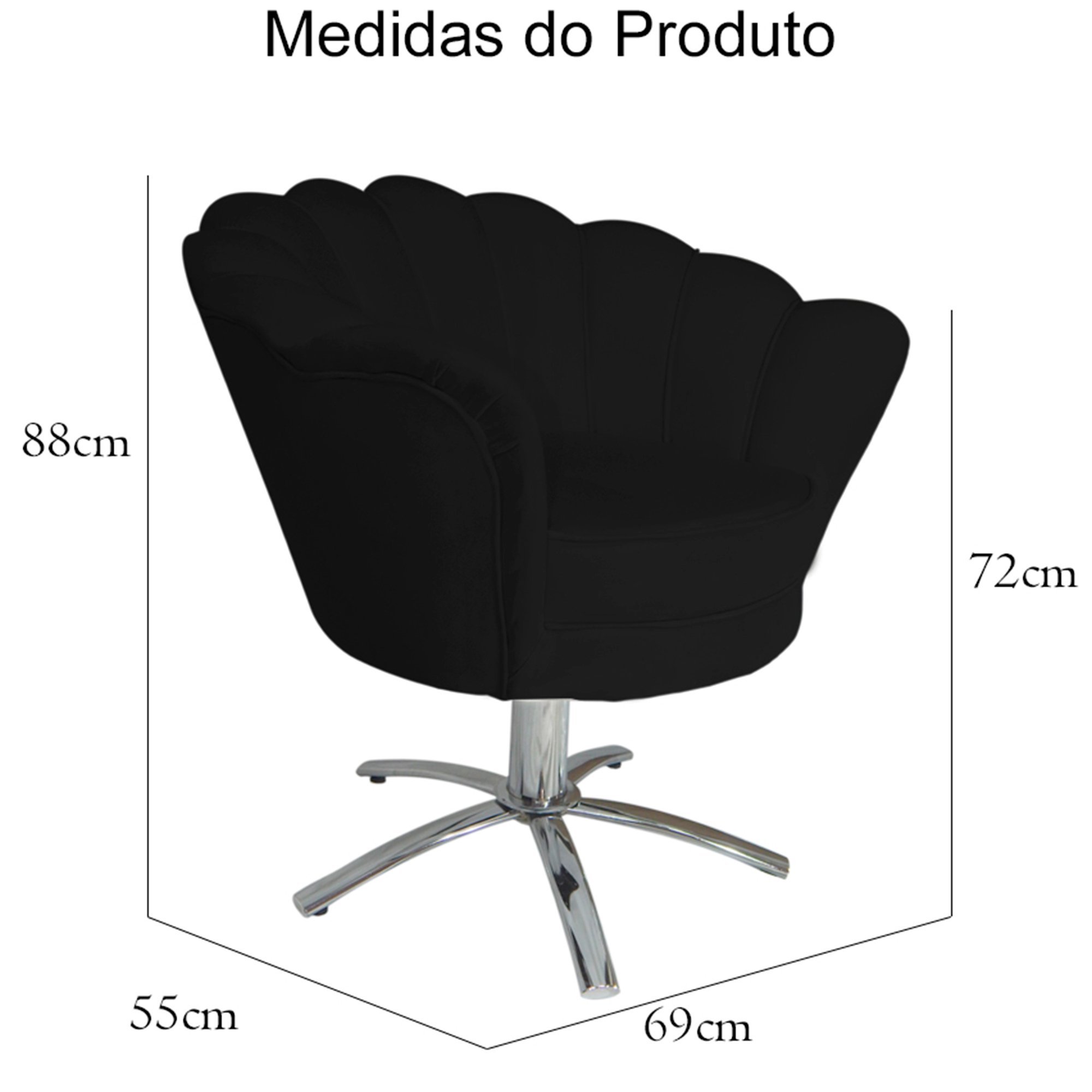 Poltrona Cadeira com Base Giratoria Cromado Pétala Suede Preto - 5