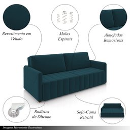 Sofá-cama Decorativo Retrátil Thanos 2 Lugares 192cm Veludo Azul Marinho G45 - Gran Belo - 2