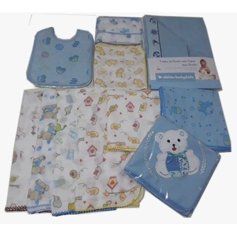 Kit 3 babador 3 cueiros 8 fraldas 1 toalha capuz menino