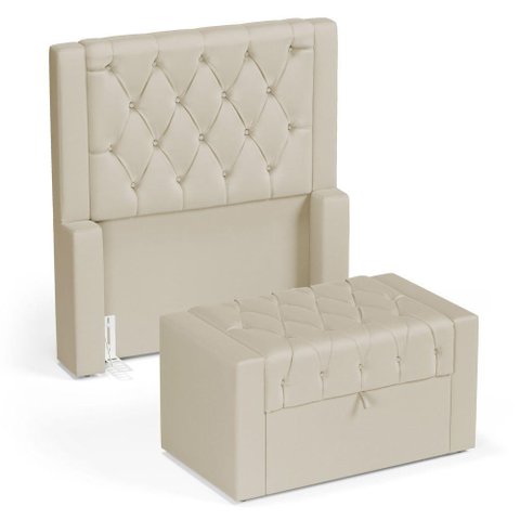 Cabeceira e Calçadeira Báu Solteiro Atena 90cm Capitonê Suede Bege Claro - Desk Design
