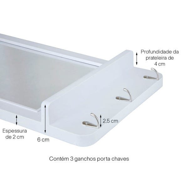 Espelho Inova Hook Retangular 51 x 31cm com 3 Ganchos Branco - 4