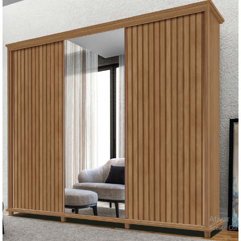 Roupeiro Gold Ripado 3 Portas Deslizantes com Espelho - Freijó