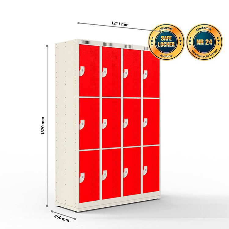 Armário de Aço 12 Portas - Nk 4303 Nilko Armários Vermelho Cadeado