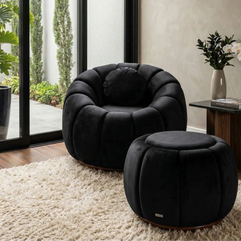 Kit Poltrona Decorativa c/Puff e Almofada Concha Veludo Preto - Montanaris Decor