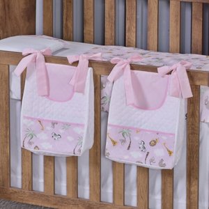 Porta Fralda Organizador Quarto de Bebê Menino Menina 2 Peças com Laço:safari Rosa