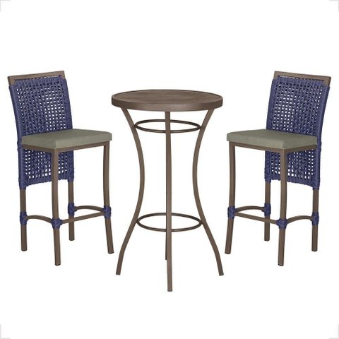 Mesa Bistrô e 2 Banquetas Roma Marrom Corda Estofado 7 Trama Azul