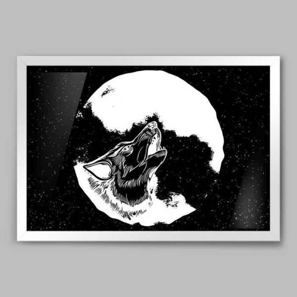 Quadro Animal Lobo P&B - 60x40cm - Moldura Caixa Branco - 1