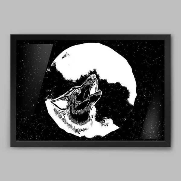 Quadro Animal Lobo P&B - 45x30cm - Moldura Padrão Preto - 1