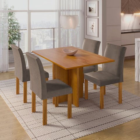 Conjunto Sala de Jantar Mesa 4 Cadeiras Tampo de MDF Carol Marrom Cinamomo/Bege