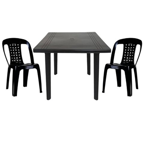 Mesa Quadrada Plástico Desmontável 90cm Preta + 2 Cadeiras Vime Empilhável