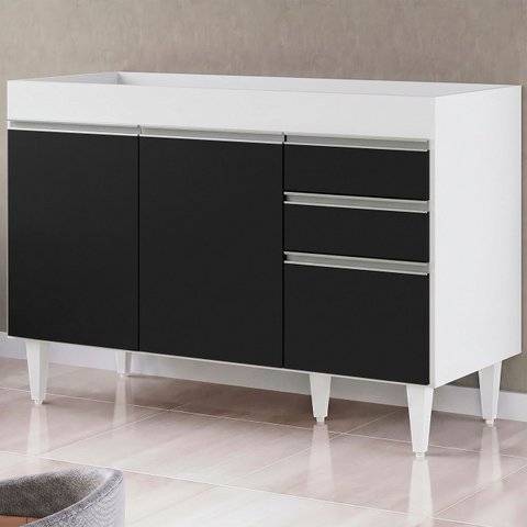 Balcão Gabinete 120cm 3 Portas 2 Gavetas Michigan Branco/Preto - Lumil Móveis