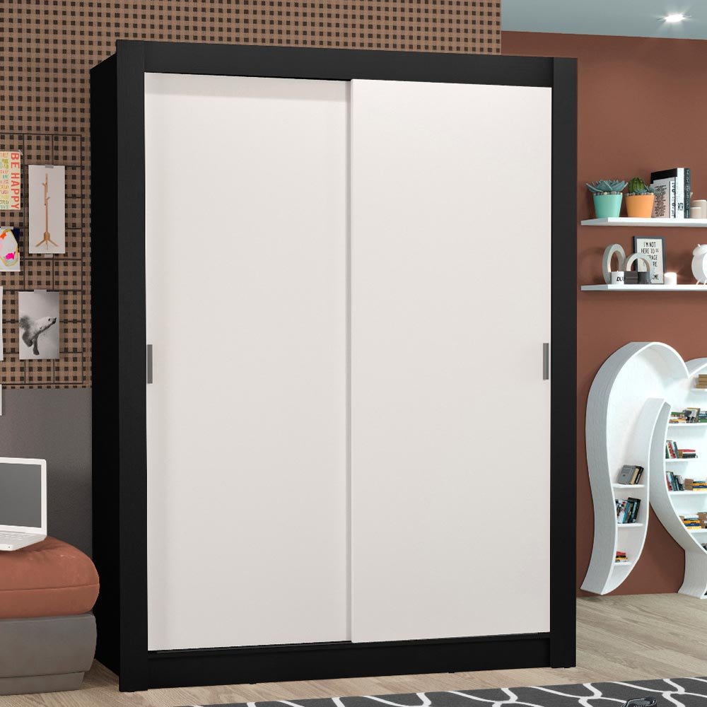 Guarda-Roupa Solteiro Madesa Denver 2 Portas de Correr Preto/Branco Cor:Preto/Branco