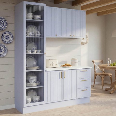 Cozinha Modulada 3 Peças com Tampo com Cristaleira Marselha CabeCasa MadeiraOriginals Azul/Sereno
