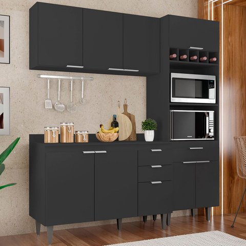 Armário de Cozinha com Tampo Cp02 180cm Pérola Preto Z34 - Mpozenato