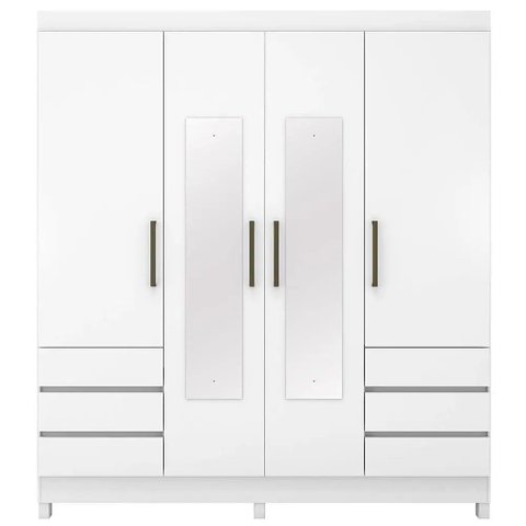 Guarda Roupa Roupeiro Casal Mônaco 4 Portas 6 Gavetas com Espelho e Pés PVC Branco Demóbile