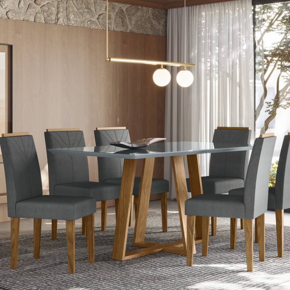 Mesa de Jantar Lectus 160x90 Cinza com 6 Cadeiras Amanda Linho Ypê ...