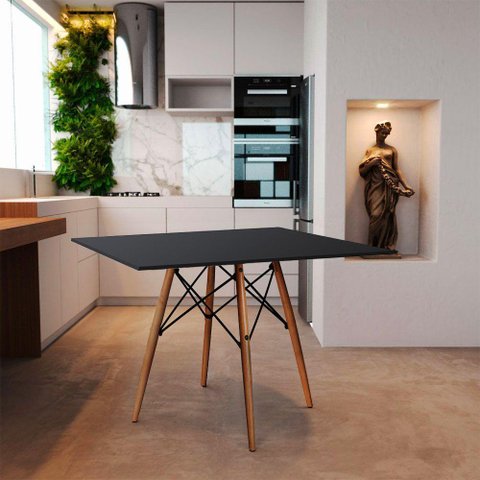 Mesa de Jantar Quadrada 90cm Preta Base Madeira Preto