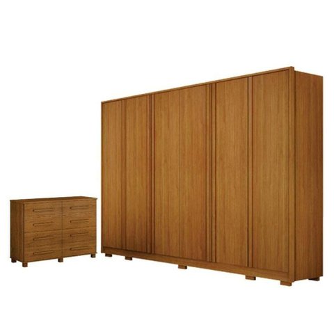 Guarda Roupa Casal Ares 6 Portas Cinamomo com Cômoda San Marino 8 Gavetas Cinamomo - Leifer