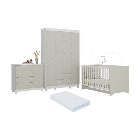 Quarto de Bebê Completo Berço Americano 3 em 1 Colchão Allegra Multimóveis Mp4598 Branco/off