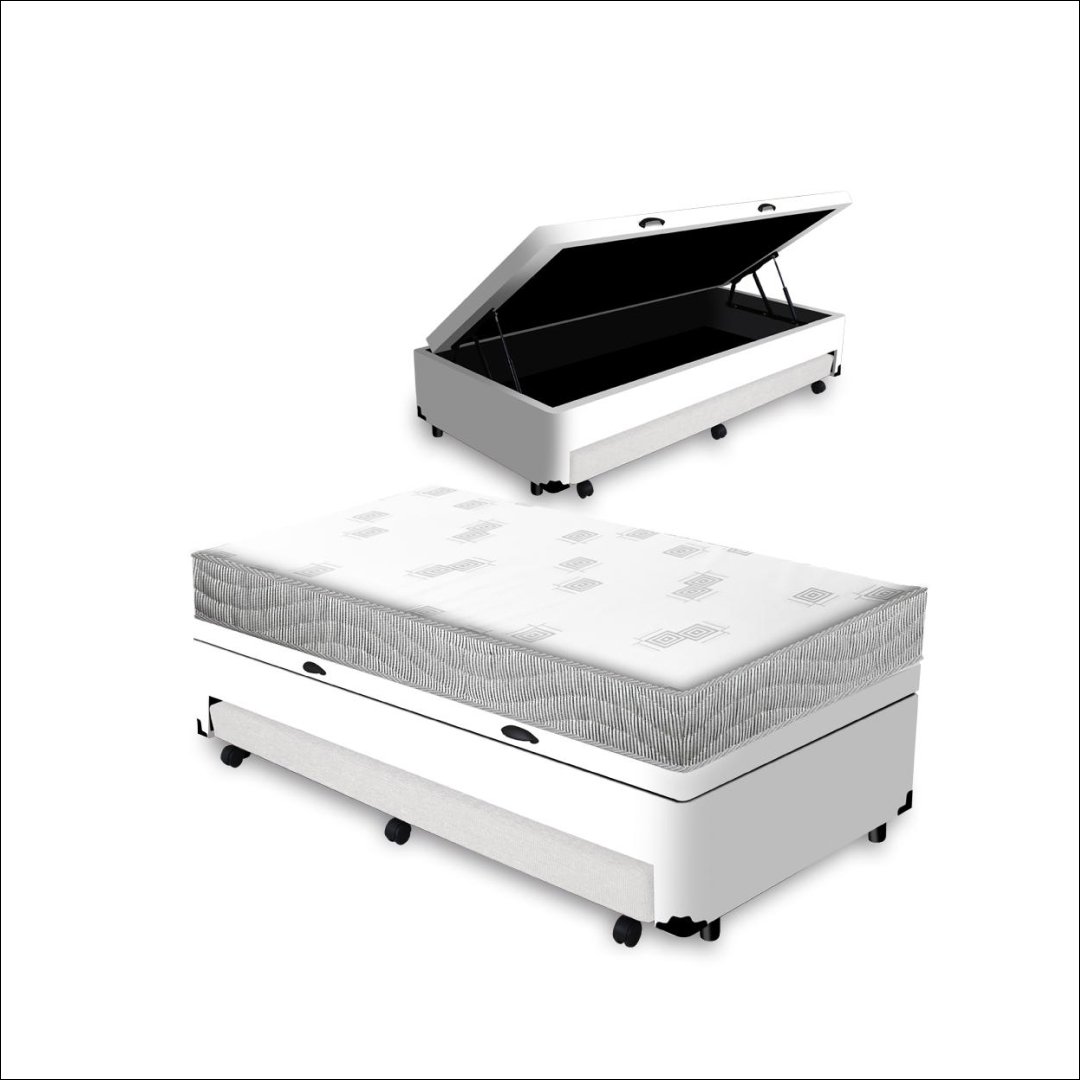 Cama Box Baú e Auxiliar Solteiro + Colchão de Espuma Ortobom Light Liso 88cm - 2