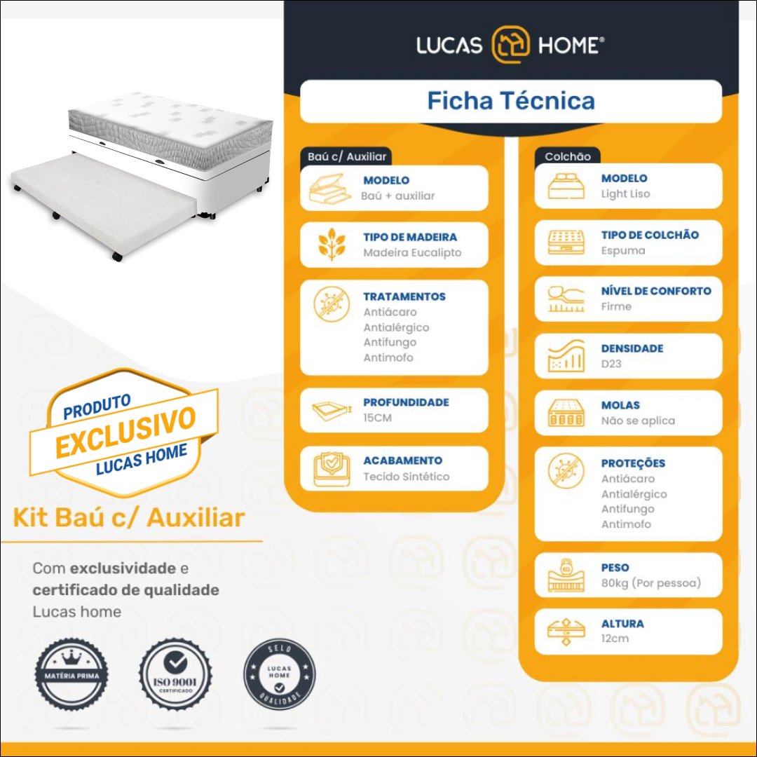 Cama Box Baú e Auxiliar Solteiro + Colchão de Espuma Ortobom Light Liso 88cm - 6